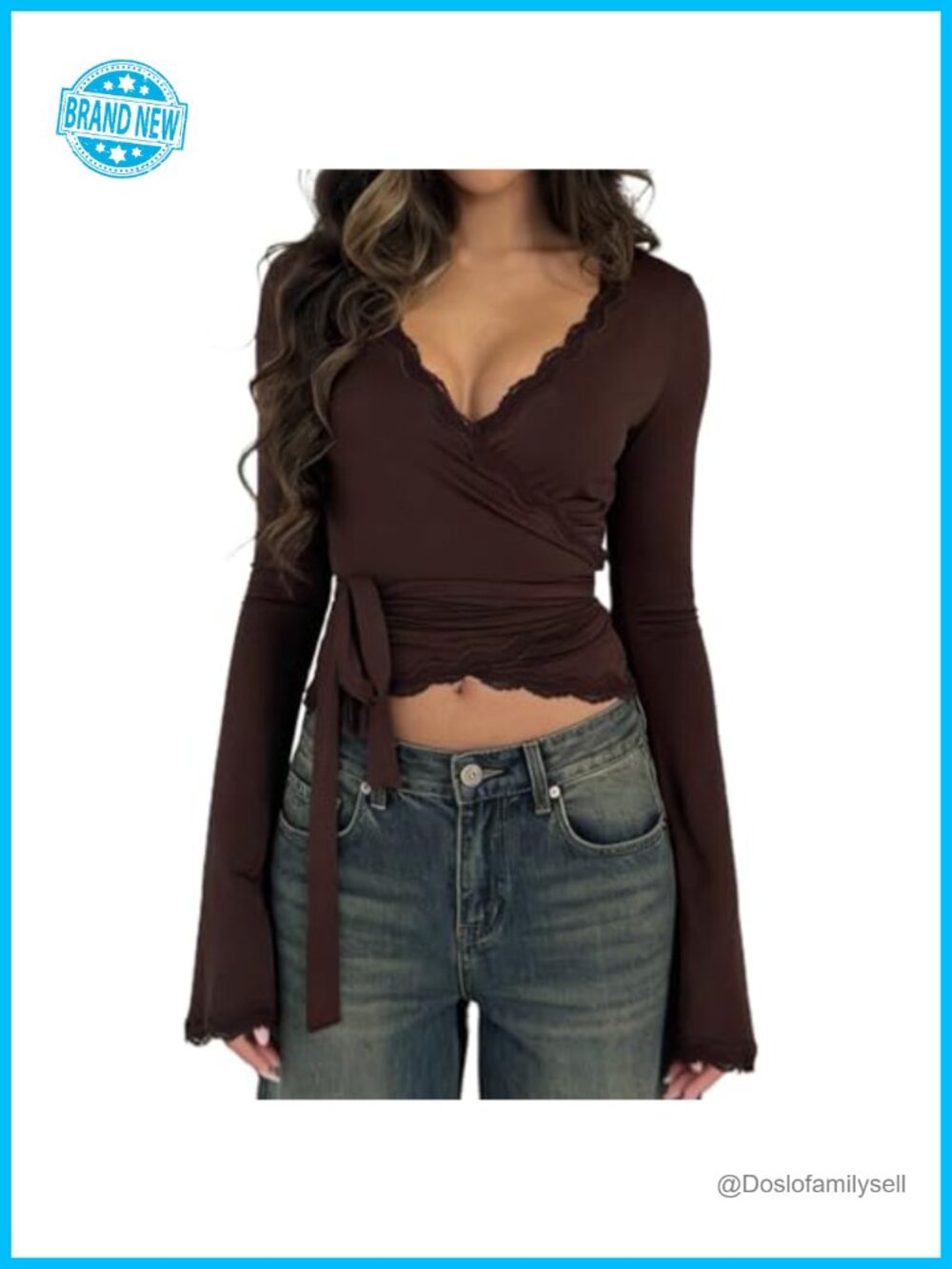 Lace Sheer Mesh Crop Top Long Sleeve Deep V Neck Cross Wrap Slim Fit